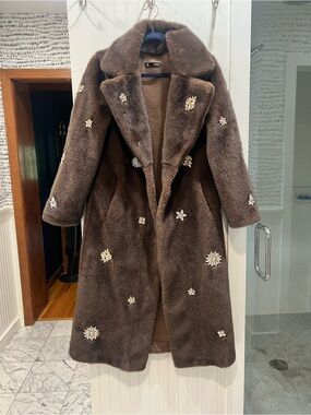 Embellished Brown Faux Fur Long Coat - Women. Never worn